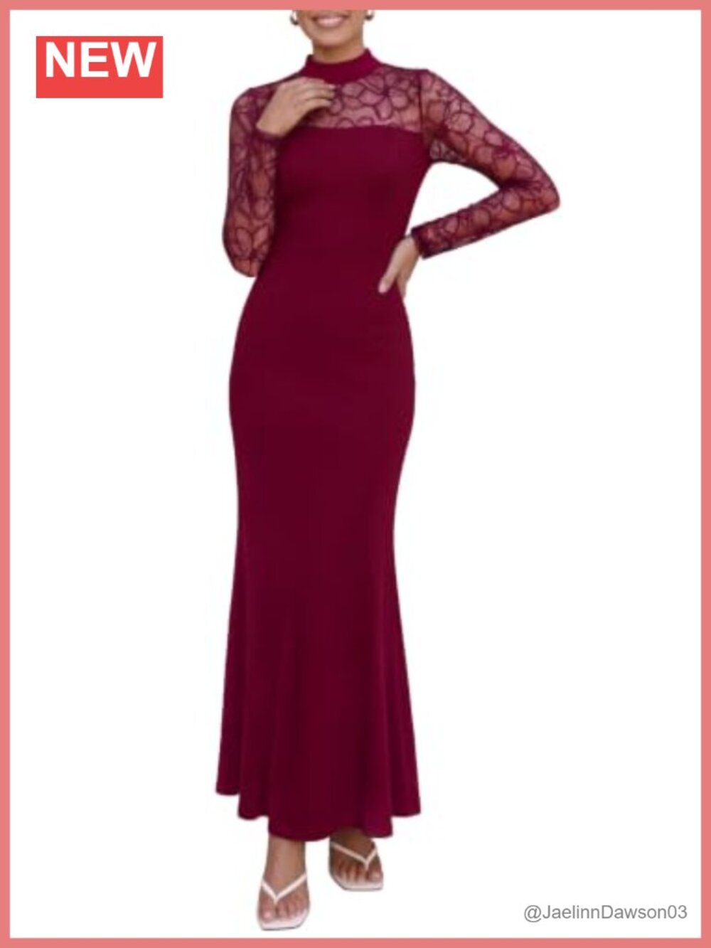 Women's Lace Sheer Bodycon Maxi Dress Long Sleeve Mock Neck Mermaid Hem
